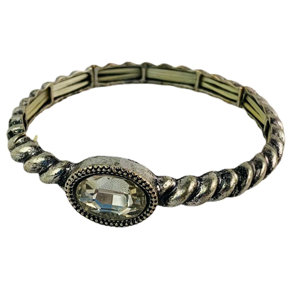 Silvertone Stretch Bracelet Clear Stone Twisted Look